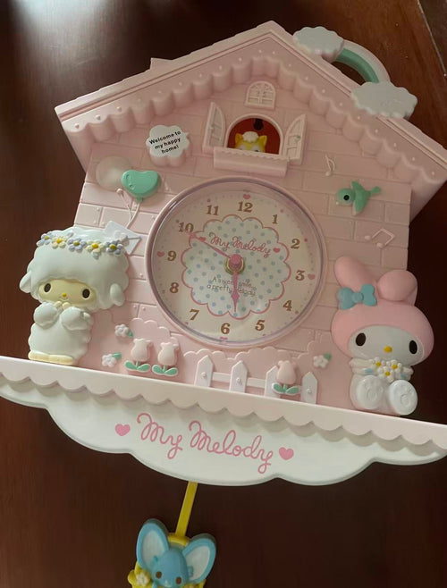 Kawaii Cartoon Pendulum Wall Clock Cute House Shape Hanging Clock Girls Pastel Room Decor Gift